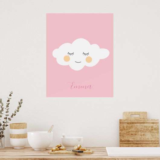 Baby naam Sleepy Kawaii Cloud Pastel Roze Poster (Keuken)