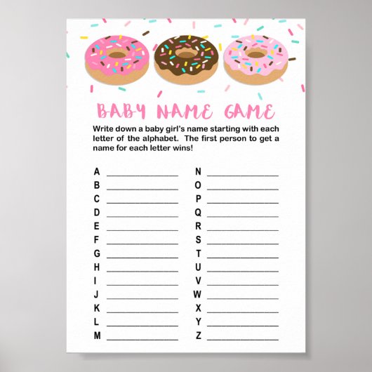 Baby Naam Spel Roze Donut Shower Game Poster (Voorkant)