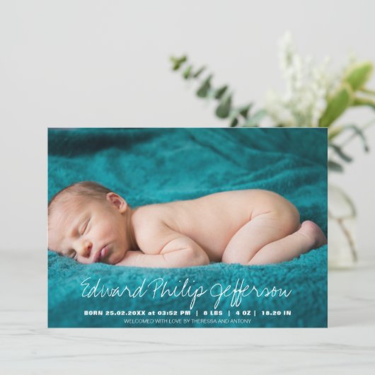 Baby Naam Typografisch Manuscript de Bekleding van Aankondiging (Staand voorkant)