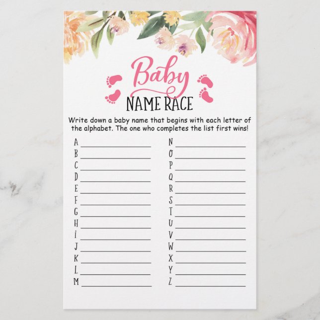 Baby Name Race Game Baby shower Party game (Voorkant)