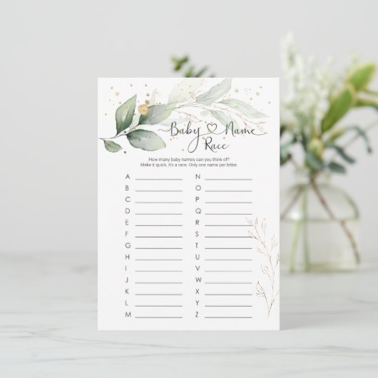 Baby Name Race Game, Greenery Baby shower Game Inv Kaart (Staand voorkant)
