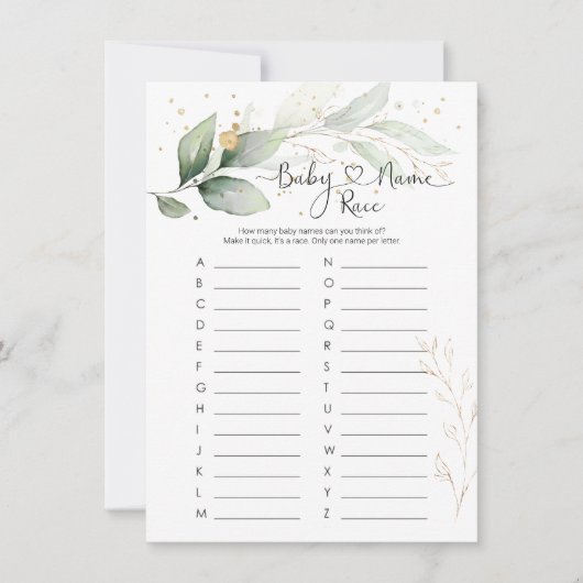 Baby Name Race Game, Greenery Baby shower Game Inv Kaart