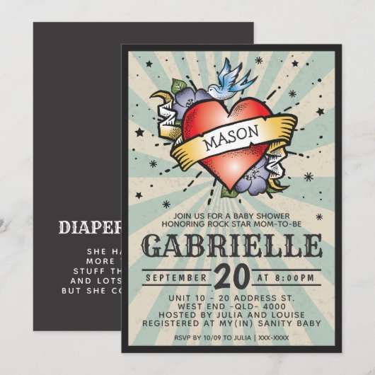 Baby Name Rock en Roll Tattoo Baby shower Kaart (Voorkant / Achterkant)