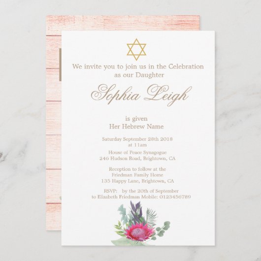 Baby Naming Ceremony Hebrew Floral Rustic Girl Kaart (Voorkant / Achterkant)