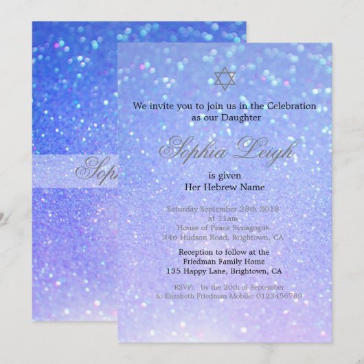 Baby Naming Ceremony Hebrew Girl Glitter Kaart (Voorkant / Achterkant)