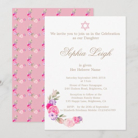 Baby Naming Ceremony Hebrew Girl Invitation Kaart (Voorkant / Achterkant)