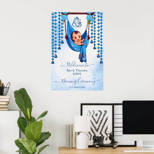 Baby Naming Cradle Ceremony blauw welkomstbord Poster (Thuiskantoor)