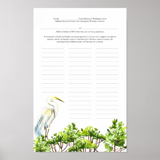 Baby Naming Day Certificaat Witte Heron Mangrove Poster (Voorkant)