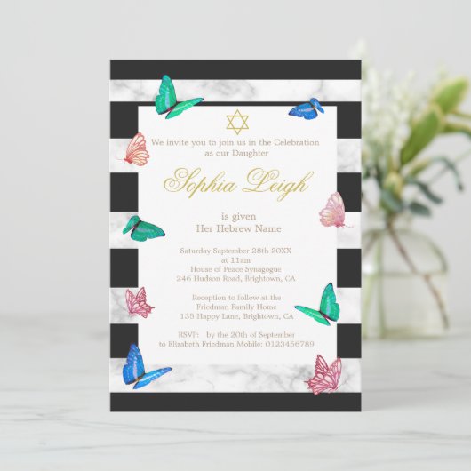 Baby Naming Jewish Black White Stripe Butterfly Kaart (Staand voorkant)