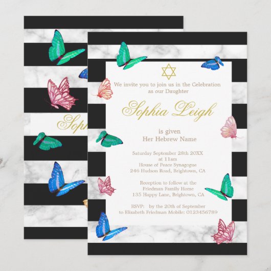 Baby Naming Jewish Black White Stripe Butterfly Kaart (Voorkant / Achterkant)