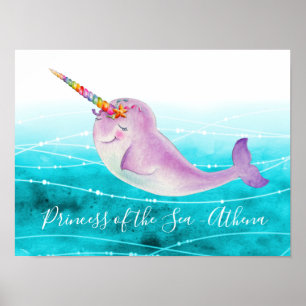 Baby narwhal regenboog onderwater waterverf naam poster