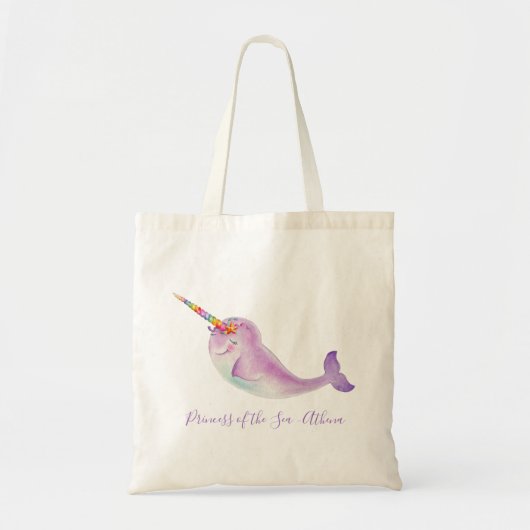 Baby narwhal regenboog onderwater waterverf naam tote bag (Voorkant)