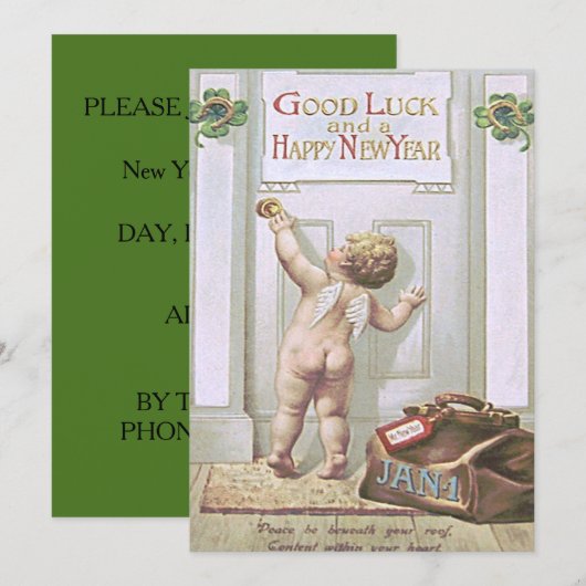 Baby Nieuwjaar Cherub Angel Four Leaf Clover Kaart (Voorkant / Achterkant)