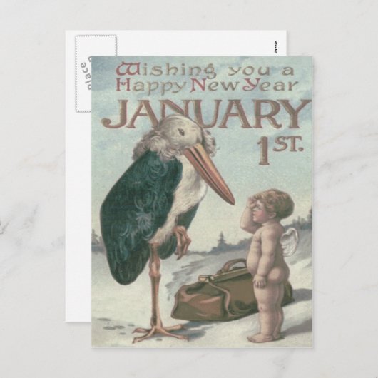 Baby Nieuwjaar Cherubijn Engel Ooievaar Feestdagenkaart (Voorkant / Achterkant)