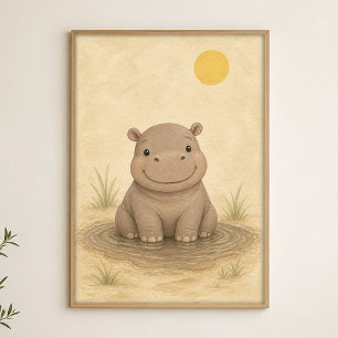 Baby Nijlpaard Plas Waterverf Whimsical Kunst Post Poster