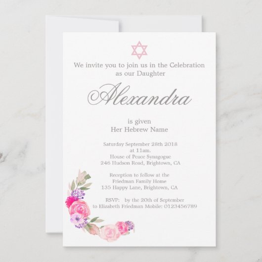 Baby Noemceremonie Hebreeuwse roze uitnodiging (Voorkant)