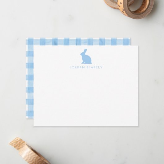 Baby Note Card, Light Blue Bunny Gingham Flat Notitiekaartje (Voorkant / Achterkant in situ)