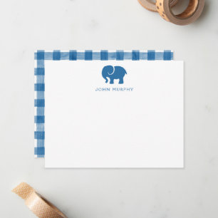 Baby Notitiekaart, Blauwe Olifant Gingham Plat Notitiekaartje