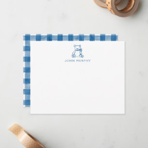 Baby Notitiekaart, Blauwe Teddybeer Gingham Plat Notitiekaartje