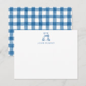 Baby Notitiekaart, Blauwe Teddybeer Gingham Plat Notitiekaartje (Voorkant / Achterkant)