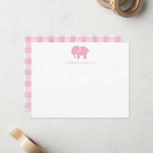 Baby Notitiekaart, Licht Roze Olifant Gingham Plat Notitiekaartje