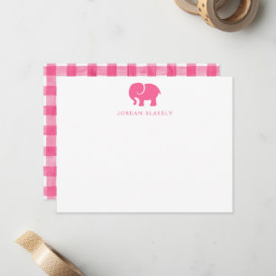 Baby Notitiekaart, Roze Olifant Gingham Plat Notitiekaartje