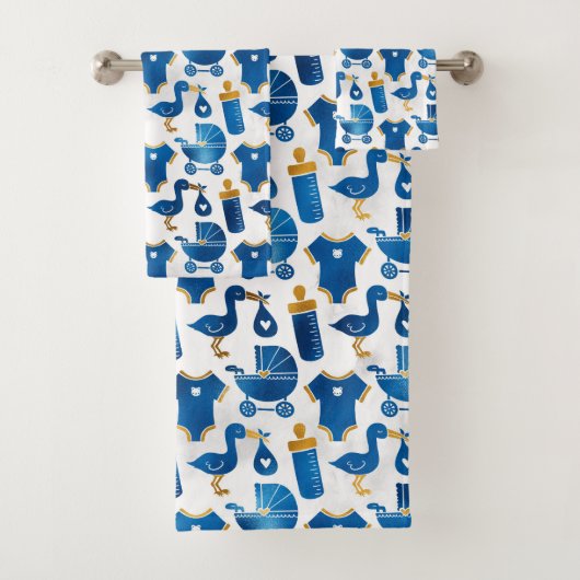 Baby Nursery Blue Bottle Carriage Stortern Pattern Bad Handdoek (Insitu)