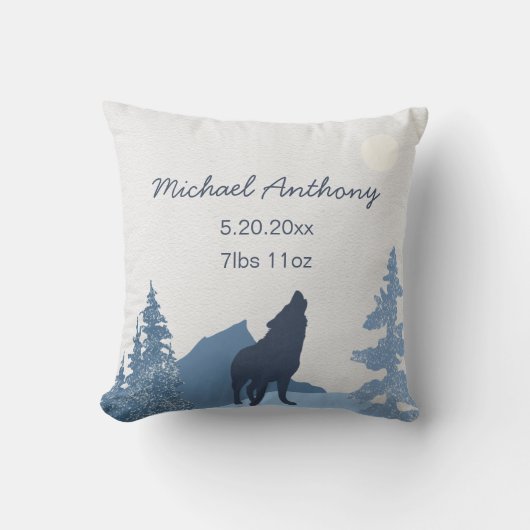 Baby Nursery Pillow Birth Stats Wolf Mountain Kussen (Voorkant)