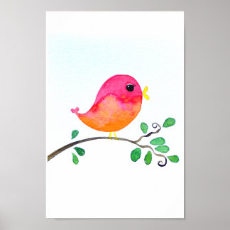 Baby Nursery wallart_ Waterverf Roze vogel Poster