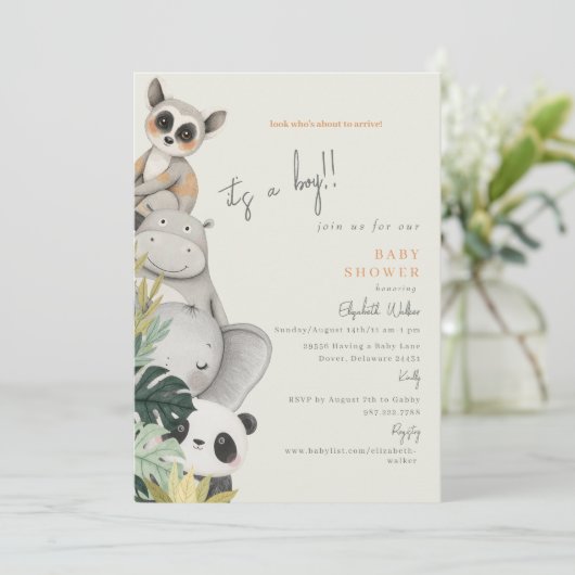 Baby Oerwoud Animals Het is een Boy Baby shower Kaart (Staand voorkant)