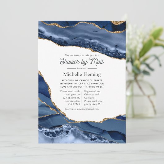 Baby of Vrijgezellenfeest van Navy en Gold Agate p Kaart (Staand voorkant)