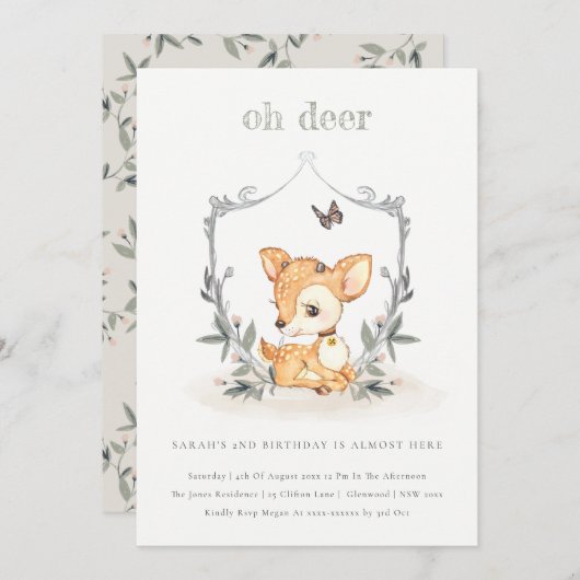 Baby Oh Deer Floral Crest om het even welke Age Bi Bedankkaart (Voorkant / Achterkant)