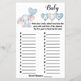 Baby Olifant ABC Baby Shower Spelkaart Flyer