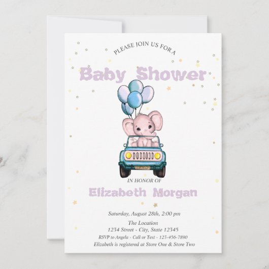 Baby olifant, auto, Baby shower van sterren Kaart (Voorkant)
