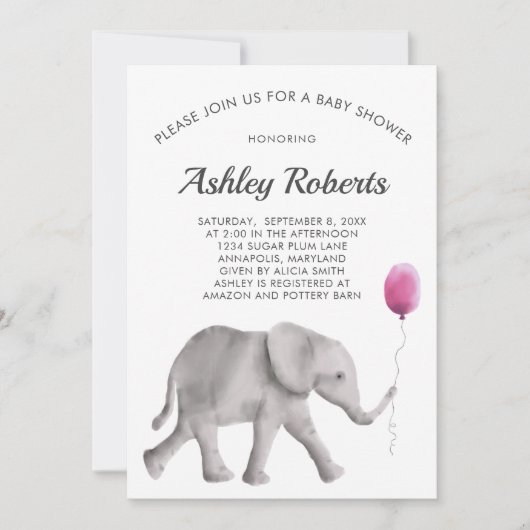 Baby Olifant Baby shower Invitation, roze & grijs Kaart (Voorkant)