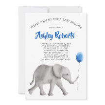 Baby Olifant Baby shower Invite, blauw & grijs