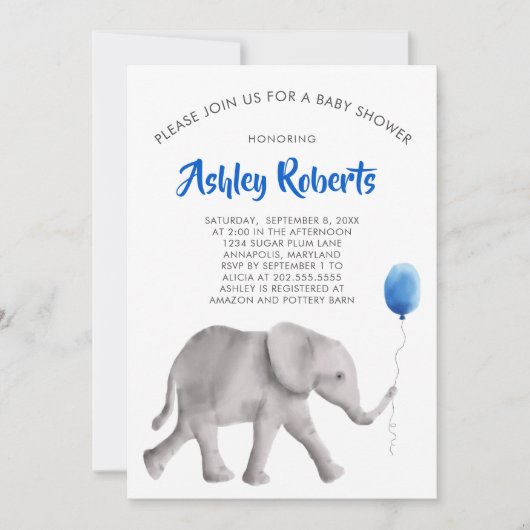 Baby Olifant Baby shower Invite, blauw & grijs Kaart (Voorkant)