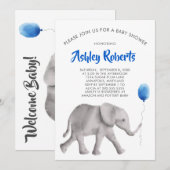 Baby Olifant Baby shower Invite, blauw & grijs Kaart (Voorkant / Achterkant)