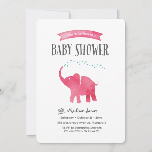 Baby Olifant Baby shower Uitnodiging | roze (Voorkant)