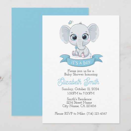 Baby Olifant Baby shower Uitnodiging Sjabloon, (Voorkant / Achterkant)
