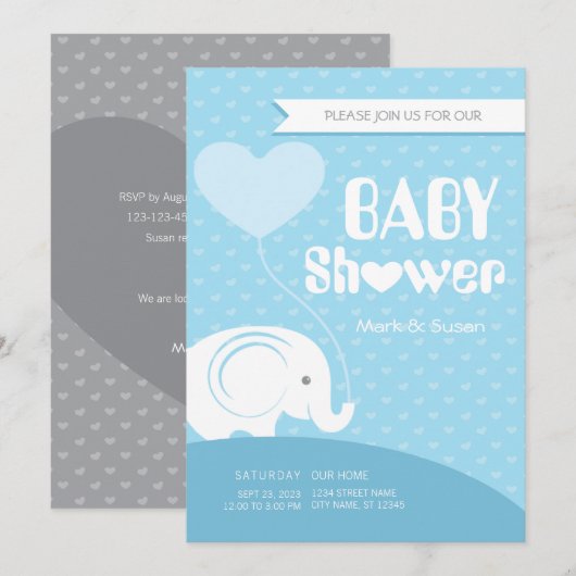 Baby Olifant Baby shower Uitnodiging voor Baby Boy (Voorkant / Achterkant)