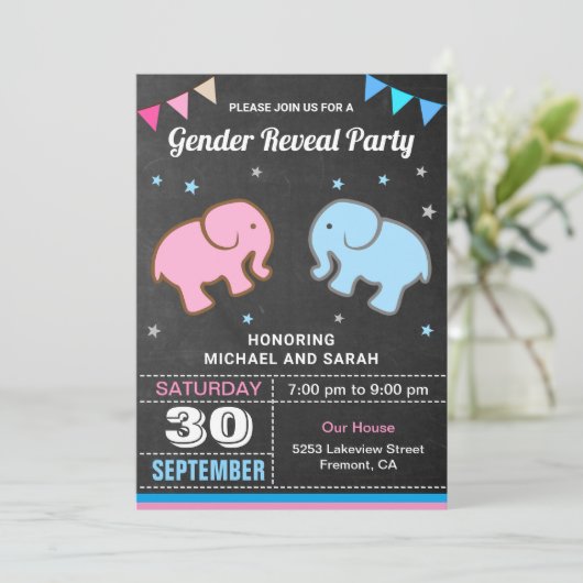 Baby Olifant Blauw of Roze Gender Reveal Party Kaart (Staand voorkant)