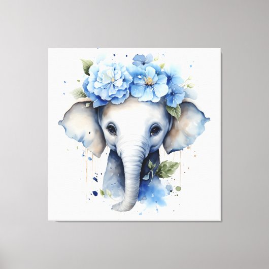 Baby Olifant - Blauwe bloemkroon Canvas Afdruk (Voorkant)