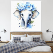 Baby Olifant - Blauwe bloemkroon Canvas Afdruk (Insitu (Slaapkamer))