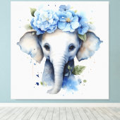 Baby Olifant - Blauwe bloemkroon Canvas Afdruk (Insitu (Houten vloer))