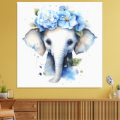 Baby Olifant - Blauwe bloemkroon Canvas Afdruk (Insitu (Woonkamer))
