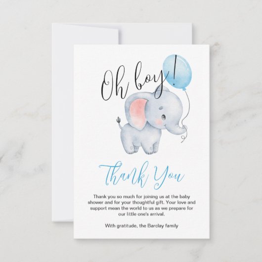 Baby Olifant & Blue Balloon Baby shower Bedankkaart (Voorkant)