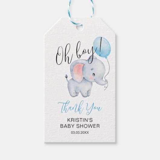 Baby Olifant & Blue Balloon Baby shower Cadeaulabel (Voorkant)