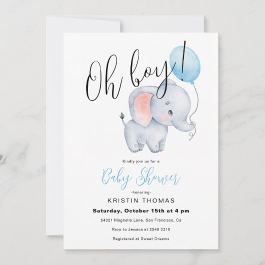 Baby Olifant & Blue Balloon Baby shower Kaart (Voorkant)