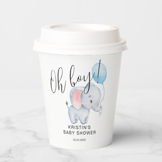 Baby Olifant & Blue Balloon Baby shower Papieren Bekers (Voorkant)